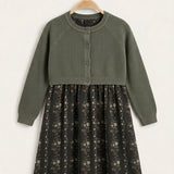Floral dress with a cardigan - dark green