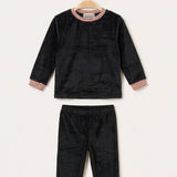 Velvet pajamas + frosted striped trim - black