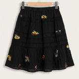 Embroidered Tiered Skirt - Black