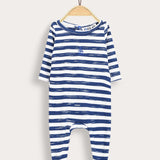 Striped Babygrow with Ship Embroidery - Navy