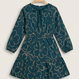 Embroidered Velvet Ribbon Dress - Red