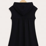 Hooded Pinafore Dress with Print - Black