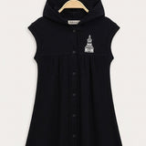 Hooded Pinafore Dress with Print - Black