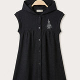 Hooded Pinafore Dress with Print - Gray