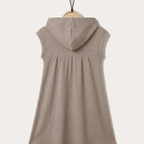 Hooded Pinafore Dress with Print - Beige