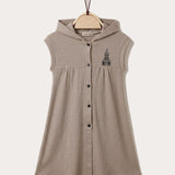 Hooded Pinafore Dress with Print - Beige