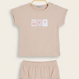 Ribbed set with print for baby - beige