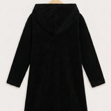 Rib Velvet Hooded Tunic Dress - Black