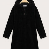 Rib Velvet Hooded Tunic Dress - Black
