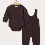 Velvet knit jumpsuit with denim combination - brown