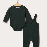 Velvet knit overalls with denim accents - green