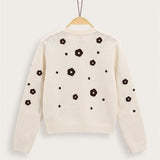 Knitted Cardigan with Flowers - Brown