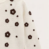 Knitted Cardigan with Flowers - Brown