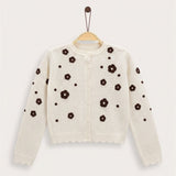 Knitted Cardigan with Flowers - Brown
