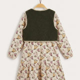 Printed dress with sheepskin vest - Green + layer