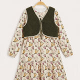Printed dress with sheepskin vest - Green + layer