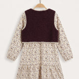 Printed dress with lambskin vest - Plum + layer
