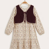 Printed dress with lambskin vest - Plum + layer