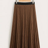 Pleated Suede Midi Skirt - Brown