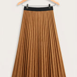 Pleated Suede Midi Skirt - Brown