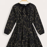 Perforated Velvet Trim Dress - Black