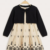 Lace overalls/dress with knit cardigan - brown