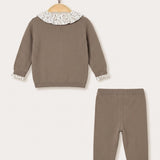 Baby Set: Floral Shirt + Cardigan + Pants - Brown