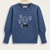 Balloon Sleeve Sweater with Hot Air Balloon - Blue
