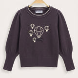 Puff Sleeve Sweater with Hot Air Balloon - Purple