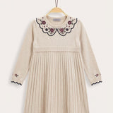 Embroidered Collar Dress - Beige