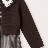 Plaid overalls + cardigan - brown