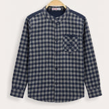 Mandarin collar plaid shirt - navy