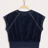 Girls' Velvet Top with Stitching - Navy