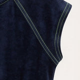 Girls' Velvet Top with Stitching - Navy