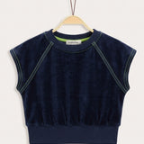 Girls' Velvet Top with Stitching - Navy