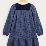 Velvet Floral Print Dress - Blue