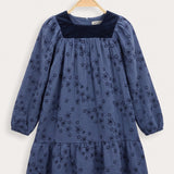 Velvet Floral Print Dress - Blue