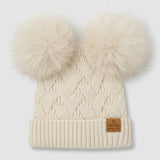 Knitted hat with two pompoms - beige