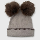 Knitted Hat with 2 Pom-Poms - greige