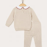 Floral Collared Knit Set - Beige