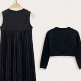 Pleated Dress with Cardigan - Black