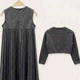 Pleated Dress with Cardigan - GRAY