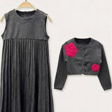 Pleated Dress with Cardigan - GRAY
