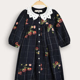 Crochet Collar Button Dress - Navy