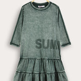 Washed dress with pleated skirts - green