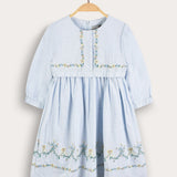 Embroidered dress with gathers - light blue