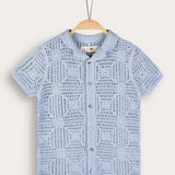 Crocheted knit button-down shirt - light blue