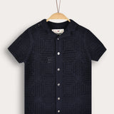 Crocheted Knit Button-Down Shirt - Navy
