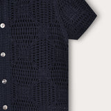 Crocheted Knit Button-Down Shirt - Navy