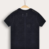 Crocheted Knit Button-Down Shirt - Navy